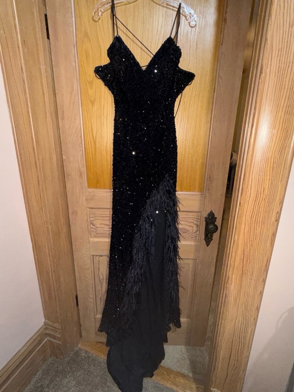 Black Sequin Feather-Trim Prom Gown with Spaghetti Straps